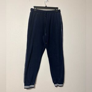 The Upside Navy French Terry Joggers with White Stripe, Elastic Waist, Pockets M